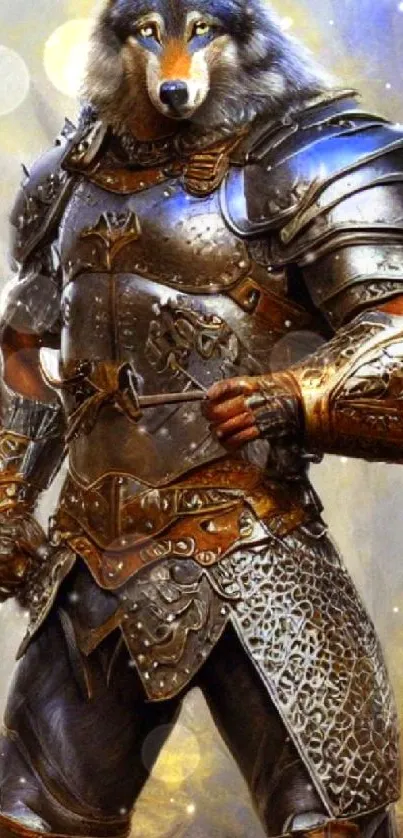 Epic wolf warrior in detailed armor on phone wallpaper.