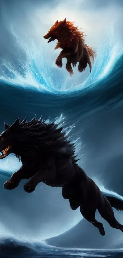 Fierce wolves leaping through tumultuous ocean waves, showcasing wild nature's power.