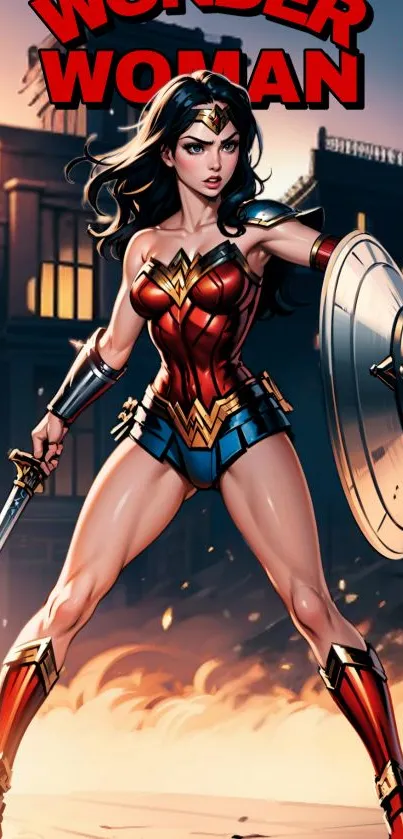 Wonder Woman stands heroically with sword and shield against a cityscape backdrop.