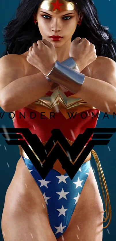 Wonder Woman wallpaper with iconic stance and starry outfit.