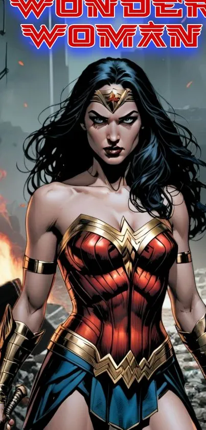 Wonder Woman in red and gold armor against a dramatic backdrop.