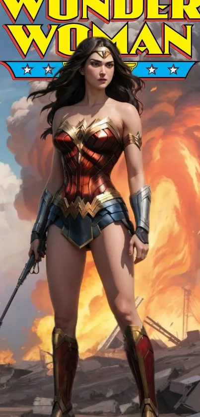 Wonder Woman stands heroically amidst fiery clouds.