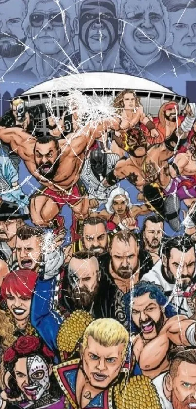 Epic collage of iconic wrestlers in vibrant comic style art.