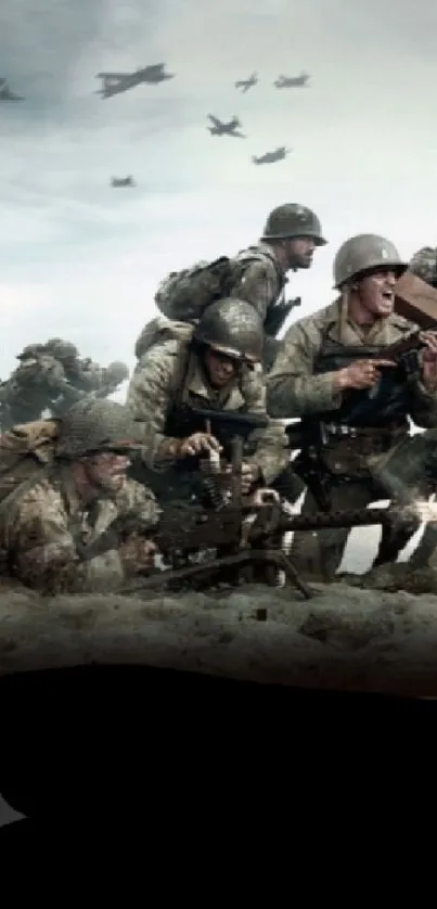 World War II soldiers in battle setting.