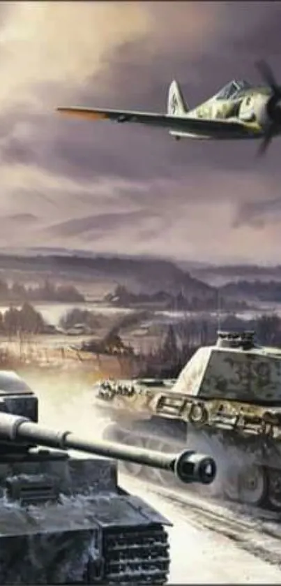 WWII tanks and fighter plane in snowy battlefield scene.