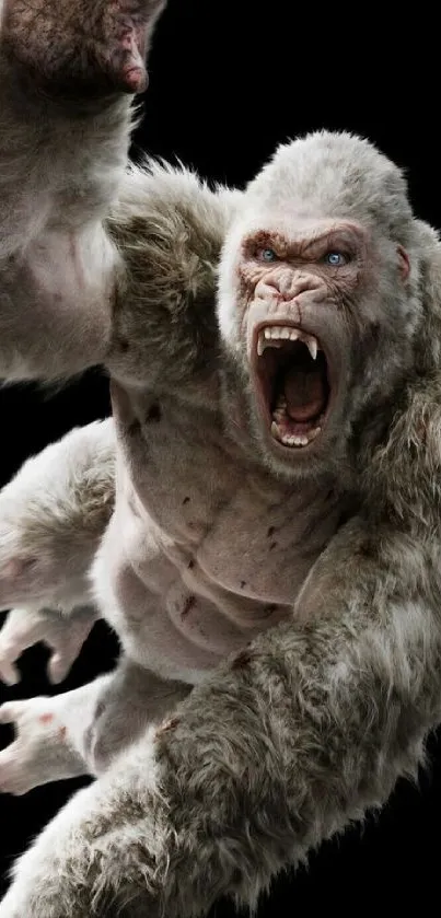 A fierce yeti roars with intense expression against a dark background.