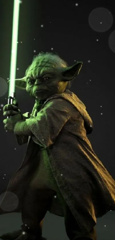 Yoda holding a glowing green lightsaber against a dark background.