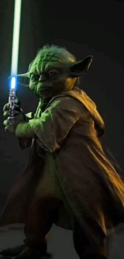 Yoda wields a glowing lightsaber on a mobile wallpaper.