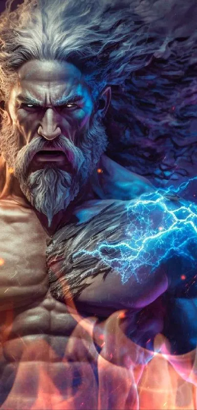 Epic Zeus with lightning on dark blue background.