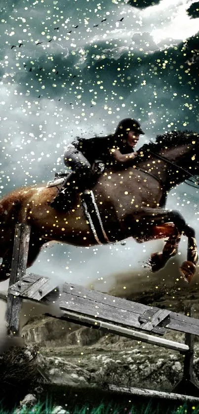 Horseback rider jumps in dramatic scene wallpaper.