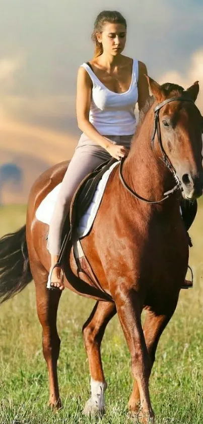 Woman riding a horse in a meadow at sunset.