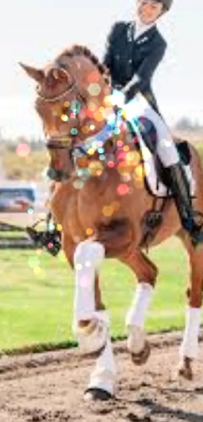 Equestrian rider on a chestnut horse in motion with a scenic backdrop.