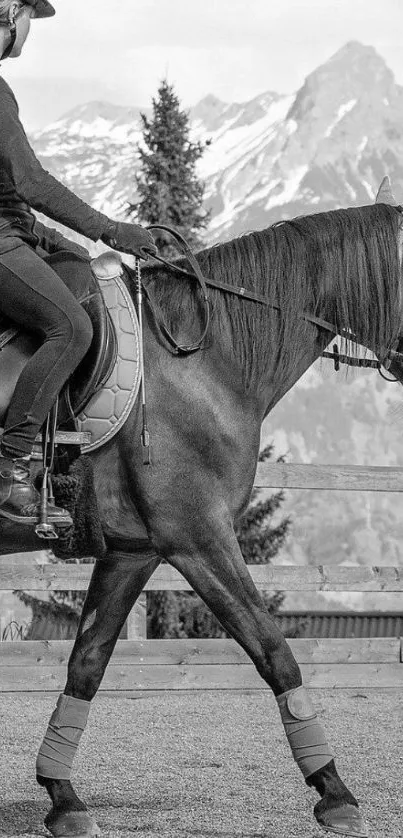 Monochrome wallpaper of a rider on horseback with mountain background.