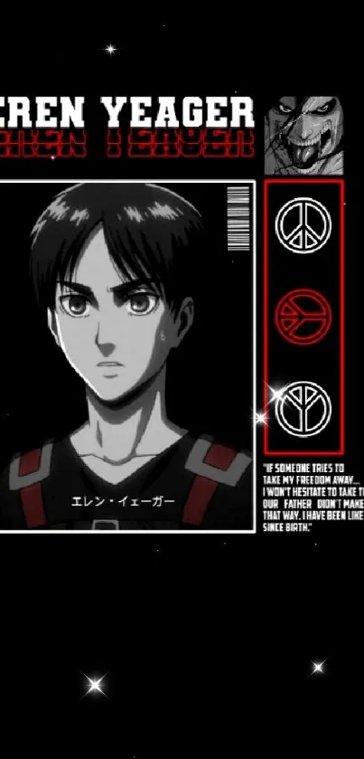 Anime mobile wallpaper of Eren Yeager with black background and red accents.