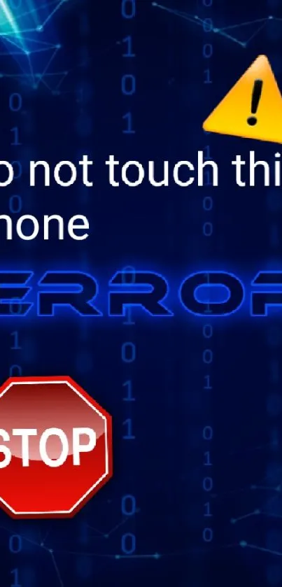 Blue error-themed wallpaper with binary code and warning signs.