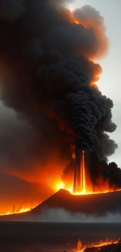 Dynamic wallpaper of an erupting volcano with fiery lava and dark smoke.