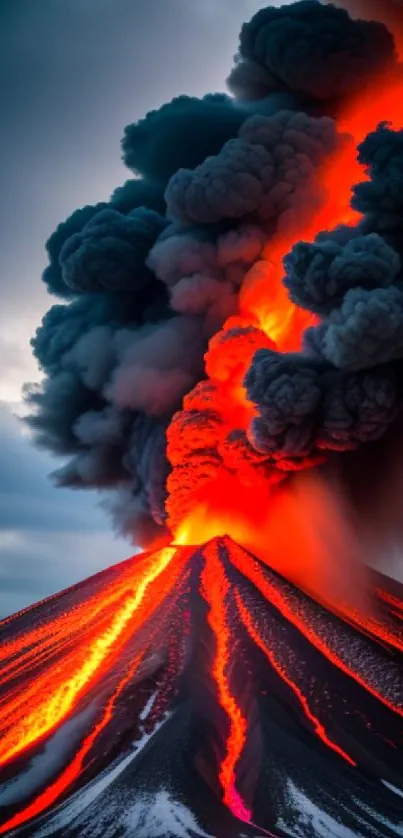 Vibrant mobile wallpaper of an erupting volcano with fiery lava and dark smoke.