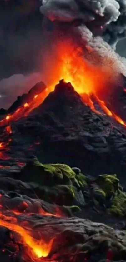 Erupting volcano with glowing lava and smoke under a dramatic sky.