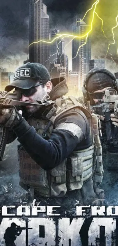 Escape from Tarkov characters in action against a city backdrop.