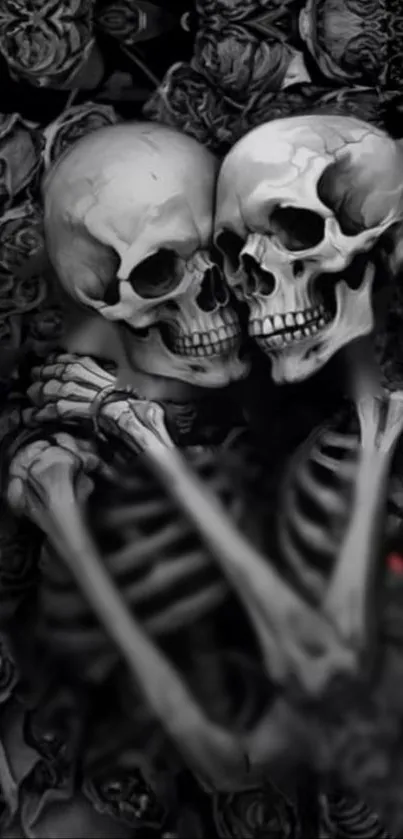 Two skeletons embracing among dark roses in gothic style wallpaper.