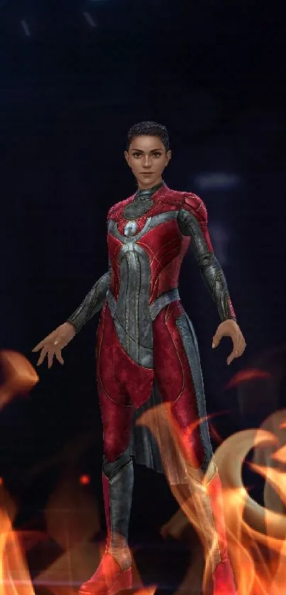 Eternals superhero in red suit with futuristic background.