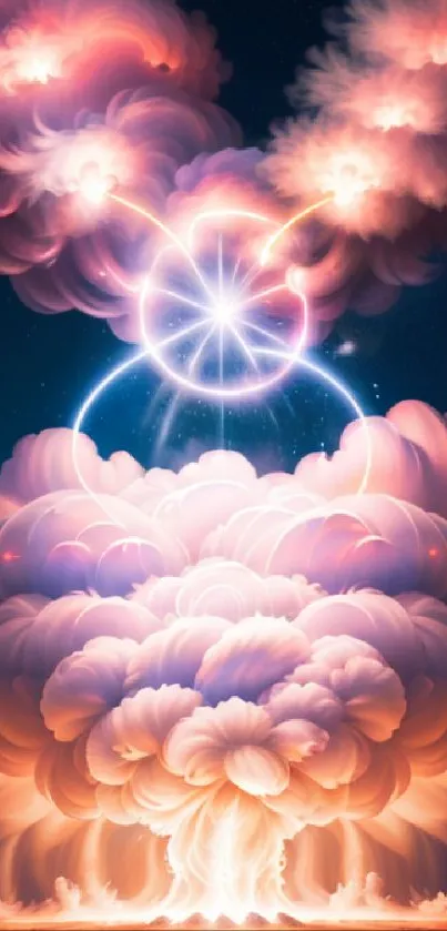 Ethereal abstract explosion of clouds in pink and orange hues, creating a celestial design.