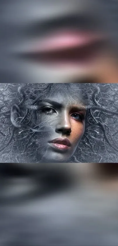 Ethereal abstract face art with gray tones and tree-like hair design.