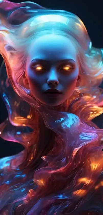 Ethereal figure with glowing eyes enveloped in colorful, swirling patterns.