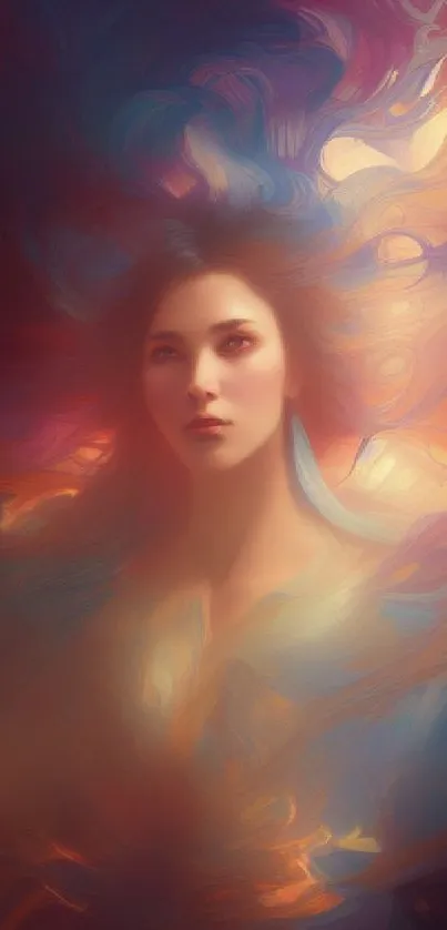 Ethereal abstract portrait with swirling colors and a serene expression.