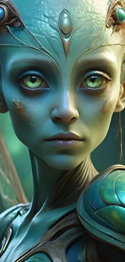 Ethereal alien with green eyes in a fantasy setting, perfect for wallpaper.