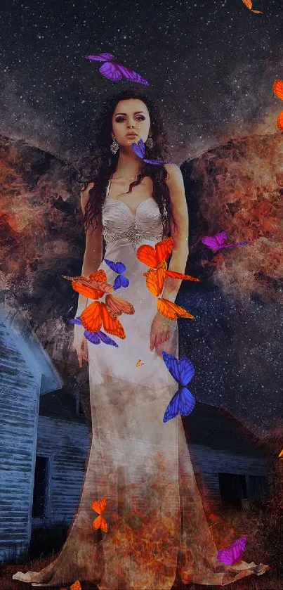 Ethereal angel with fiery wings stands near abandoned house under starry night sky.