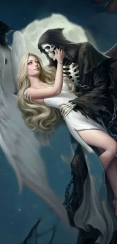 Fantasy wallpaper of angel embracing reaper under a moonlit sky.