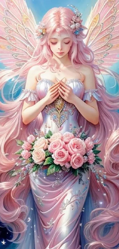 Ethereal angel with pink wings and pastel colors.