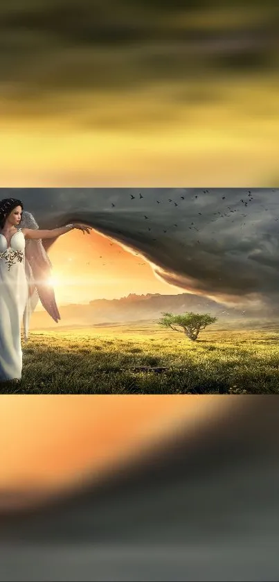 Ethereal angel standing under a dramatic sunset sky.