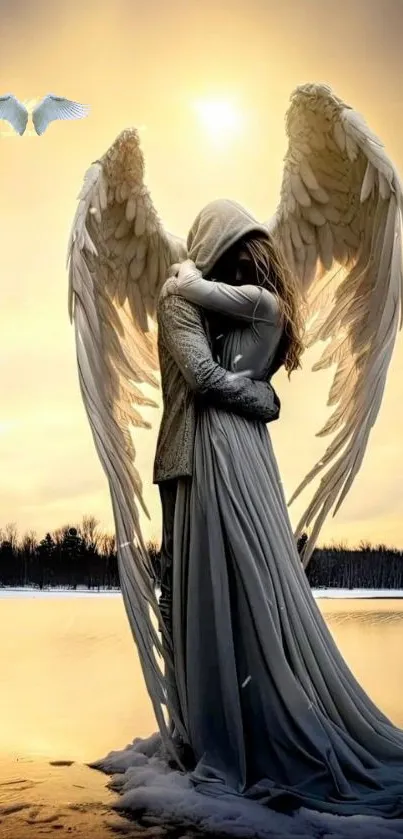 Angelic embrace at sunset, exuding peace and serenity.