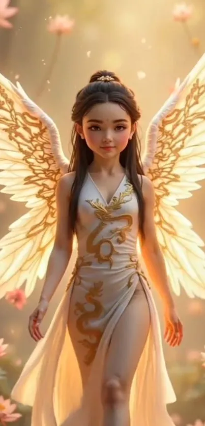 Ethereal angel with glowing wings in a fantasy setting.