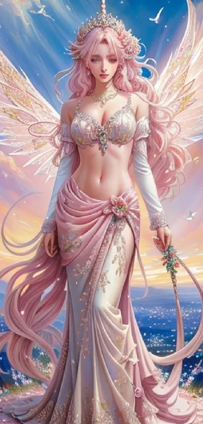 Ethereal angel fantasy art with wings and pastel hues.