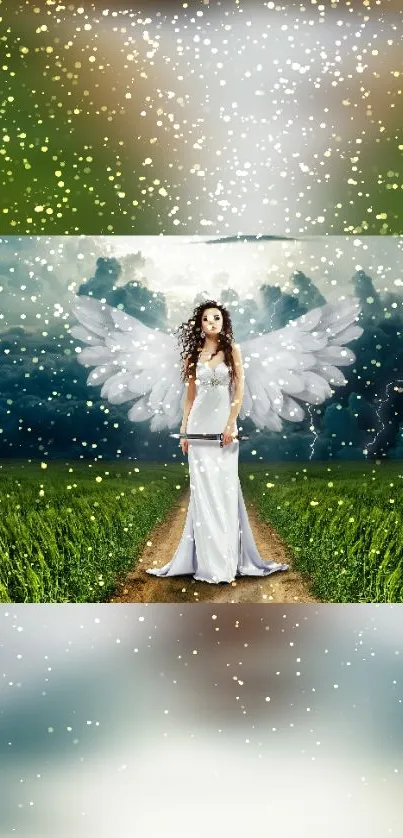 Mystical angel stands on a path with wings, surrounded by enchanting nature.