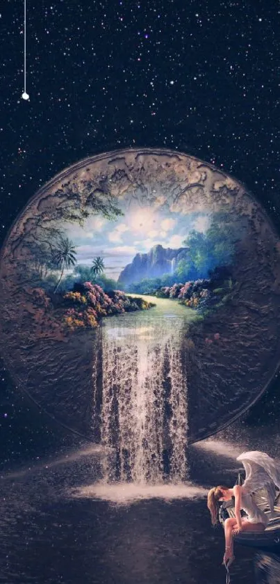 Magical wallpaper with an angel and cosmic waterfall scene.