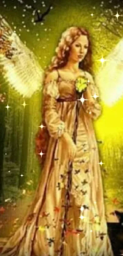 Ethereal angel with golden wings in an autumn forest.