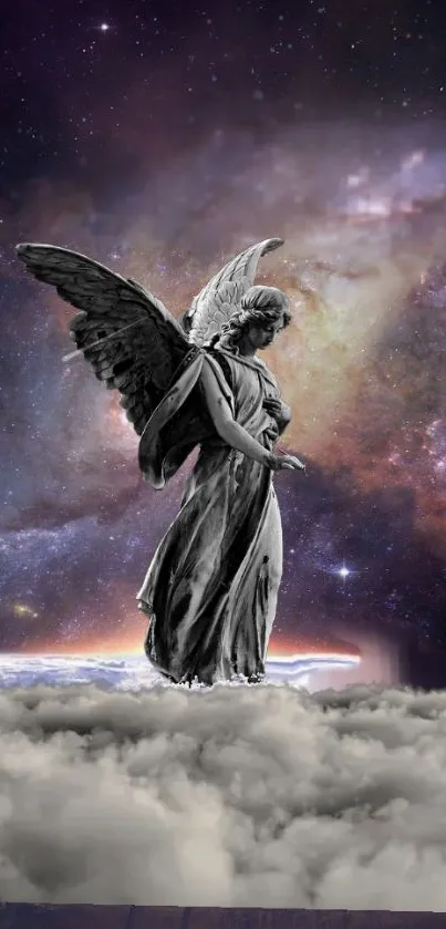 Ethereal angel statue amid cosmic sky and clouds.