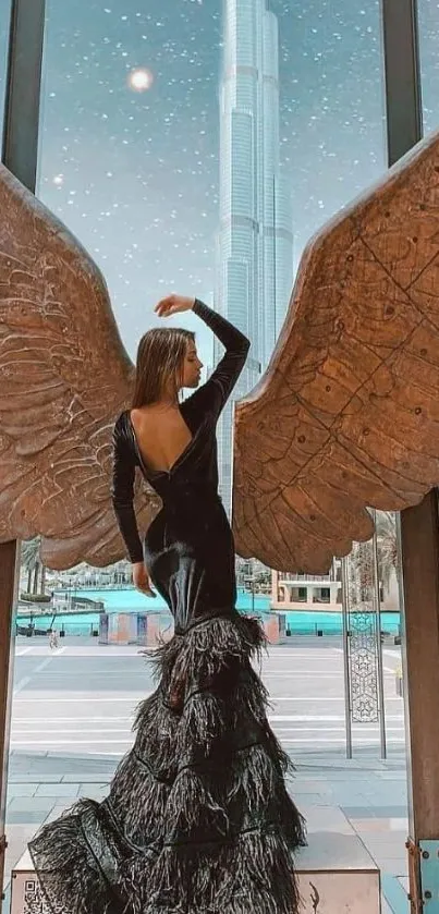 Ethereal angel with wings against Dubai skyline.