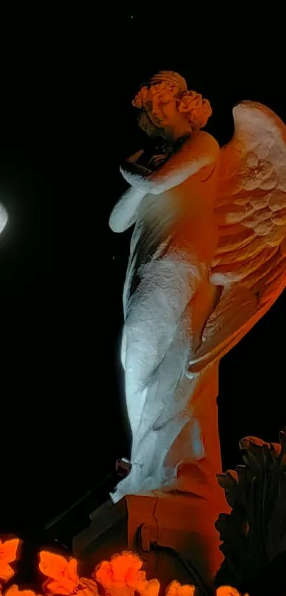 Angel statue in moonlight with glowing halo effect against a dark sky.