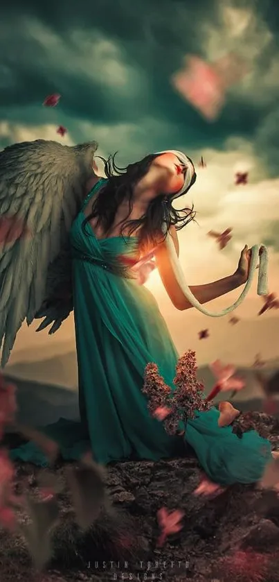 Ethereal angel with wings in teal dress amidst nature.