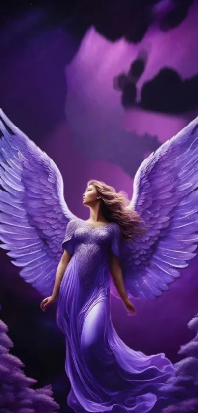 Ethereal angel with purple wings and gown in a celestial scene.