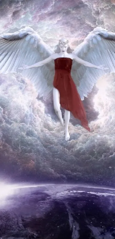 Ethereal angel with wings in a cosmic sky.