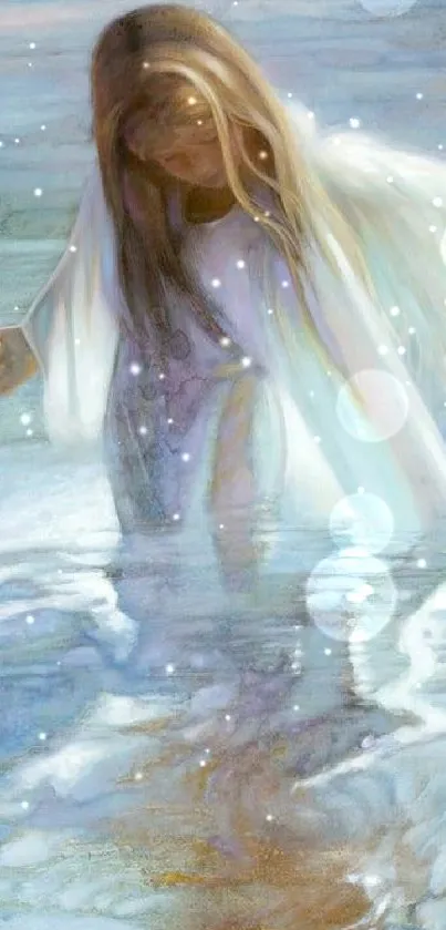 Ethereal angel standing in reflective water, exuding calmness.