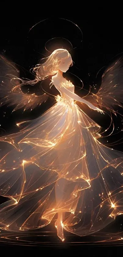 Ethereal angel with glowing wings and dress in soft orange light.