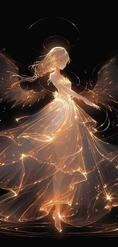 Ethereal angel with golden light wings in a glowing flowy dress.