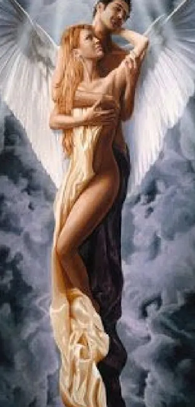 Angelic couple embracing amid clouds in a celestial art wallpaper.